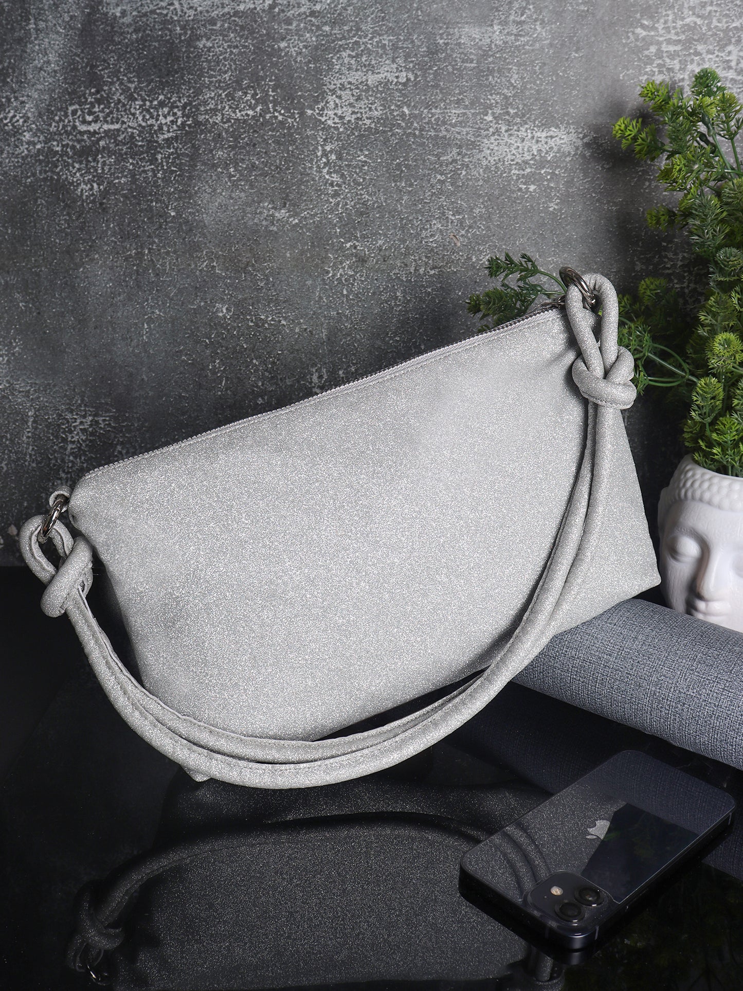 Berrylush Women Silver Textured Pattern PU One Handle Swagger Regular Shoulder Bag