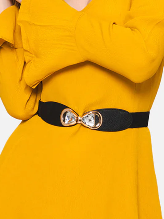 Berrylush Women Solid Black Diamond Embellished PU Nylon Interlock Regular Belt