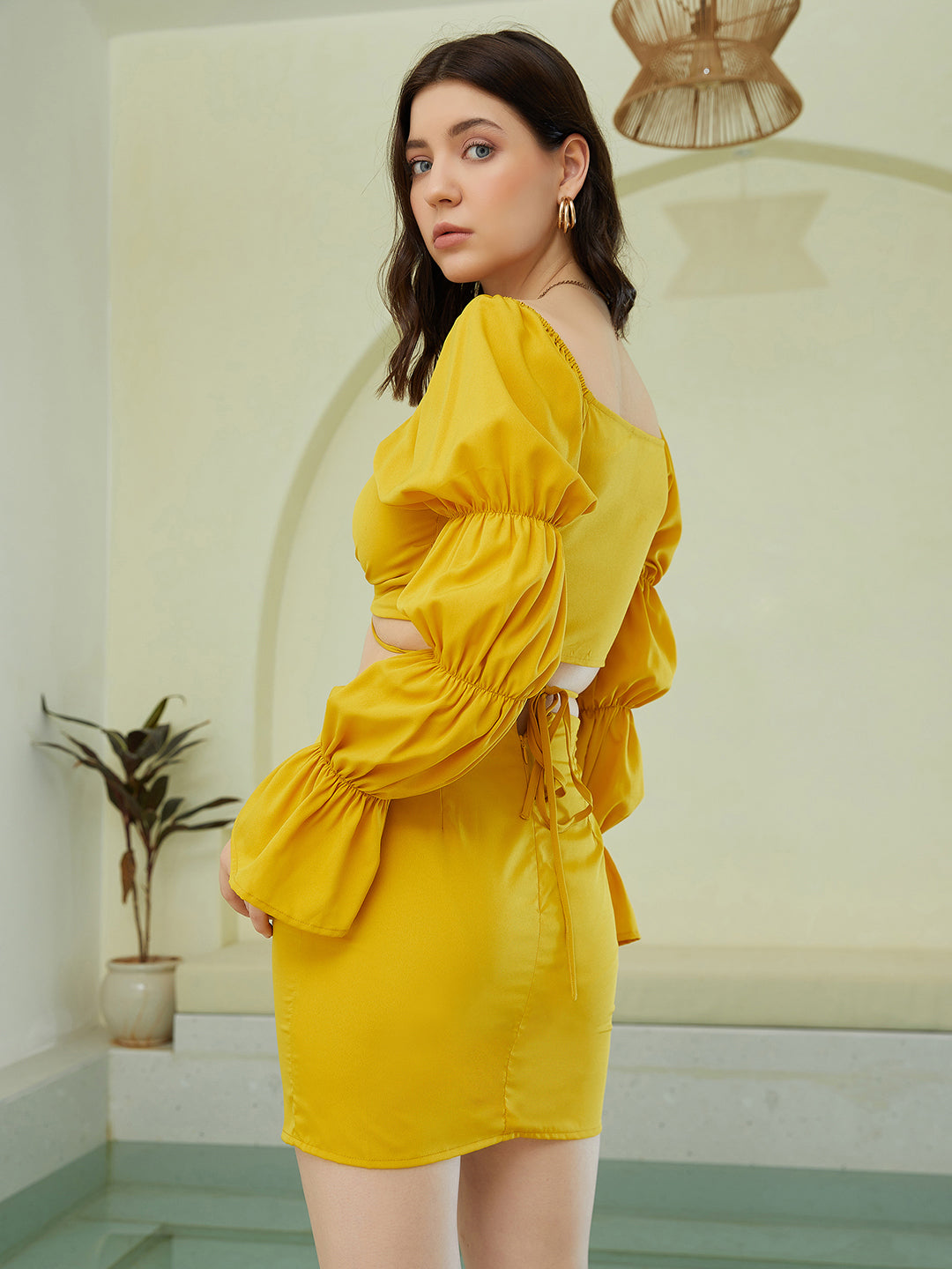 Berrylush Women Solid Yellow Front Cutout Gathered Sleeve Flounce Cuff Crop Top & Bodycon Mini Skirt Co-Ord Set
