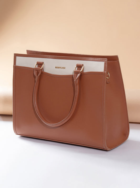 Berrylush Women Tan Solid Two Handles Smart Casual Regular Tote Bag