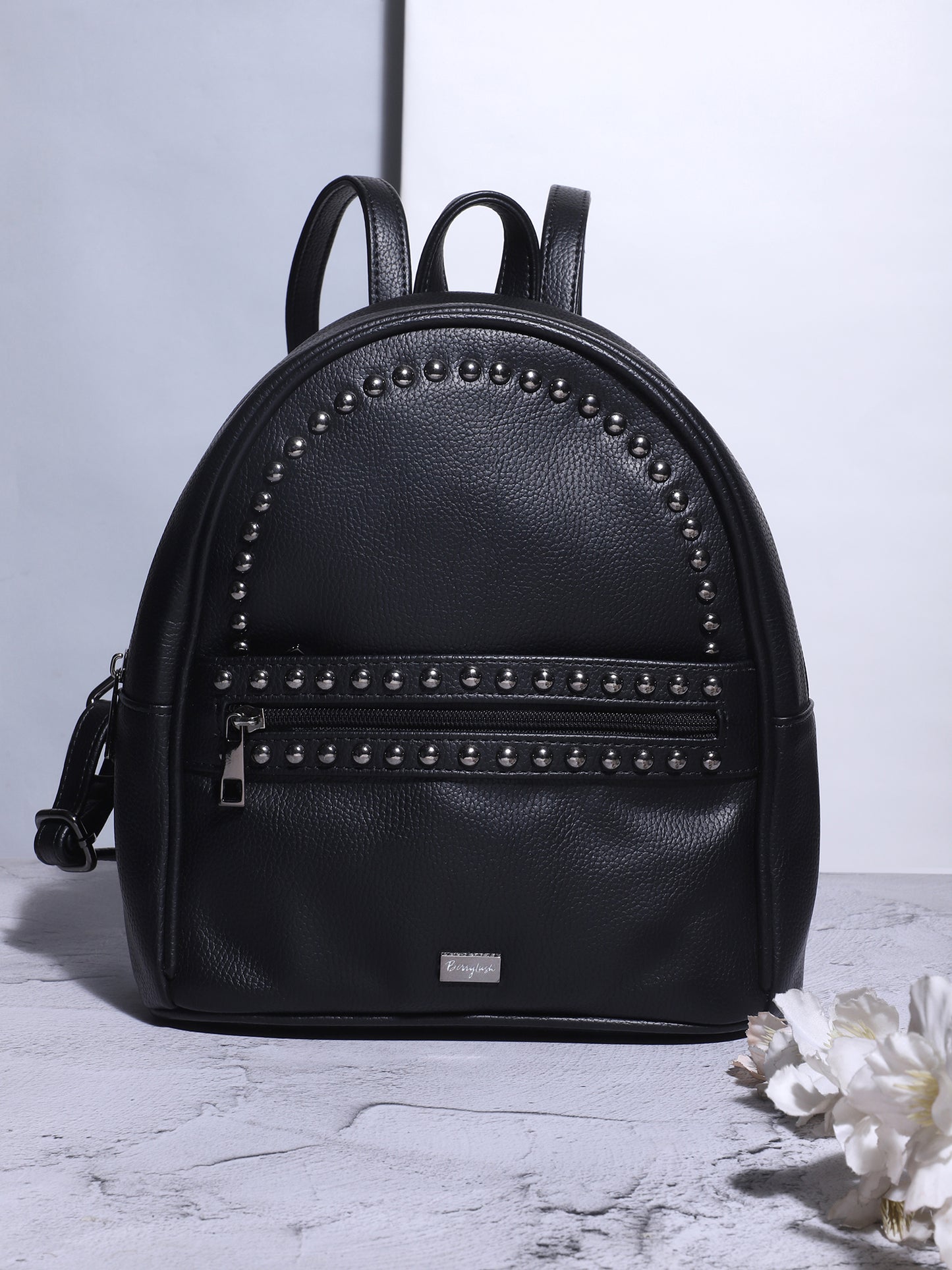 Berrylush Women Solid Black PU Zipper-Up Embellished Small Studded Bag