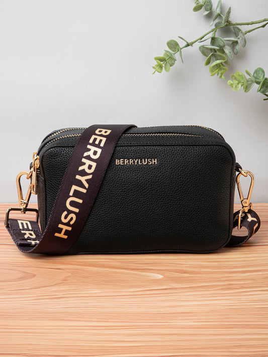 Berrylush Women Solid Black Synthetic Leather Detachable Strap Logo Embellished Regular Sling Bag