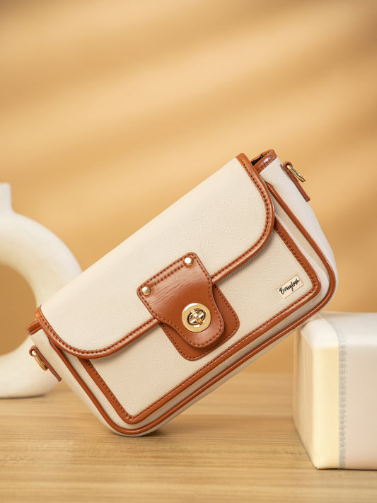 Berrylush Women Solid Beige & Brown Synthetic Leather Push-Lock Detachable Strap Embellished Regular Shoulder Bag