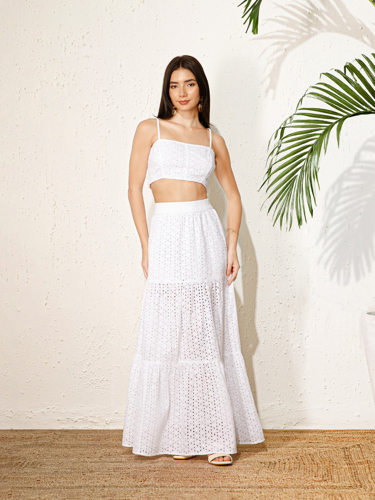 Berrylush Women White Solid Shoulder Straps Crop Top With High Rise Ma
