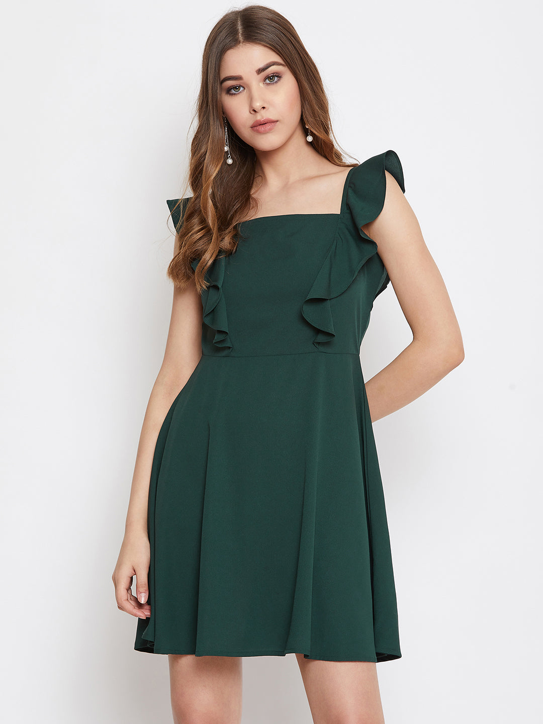 Berrylush Women Solid Green Sleeveless Ruffled Fit & Flare Mini Dress