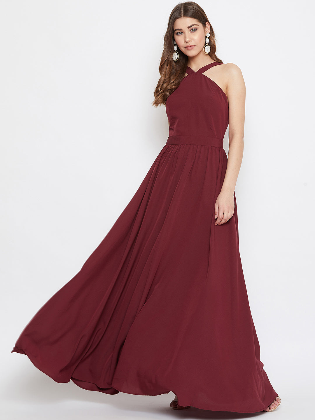 Women Solid Maroon Halter Neck Flared Maxi Dress Berrylush