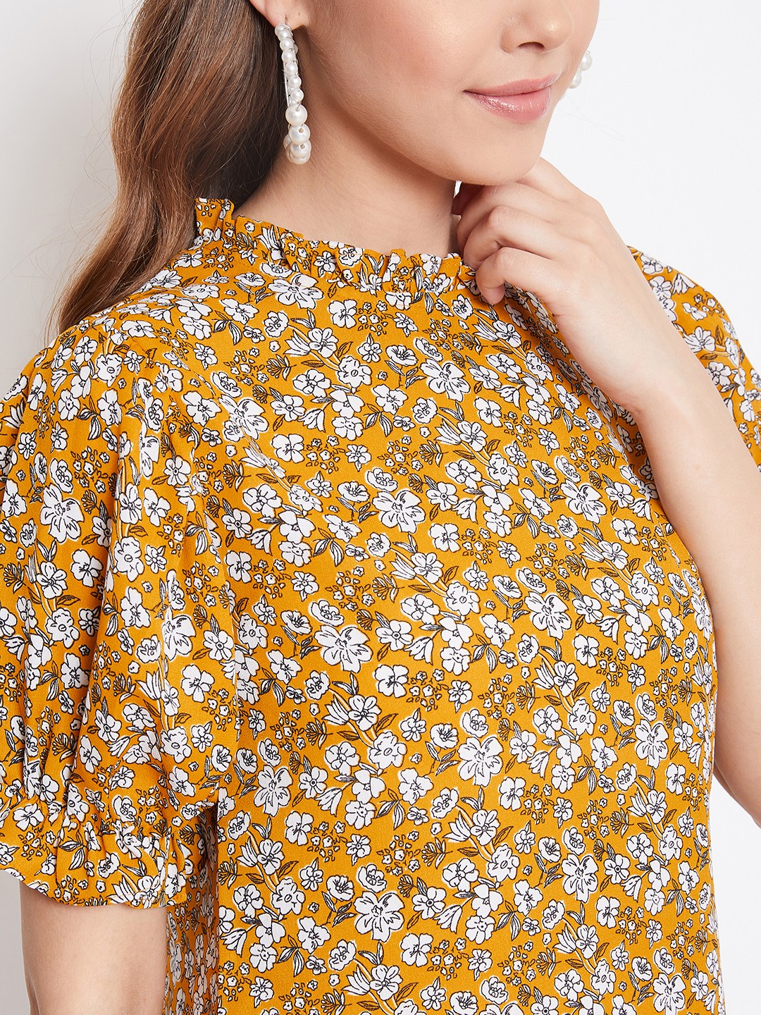 Berrylush Women Mustard Yellow & White Floral Printed Mandarin Collar Pleated Top