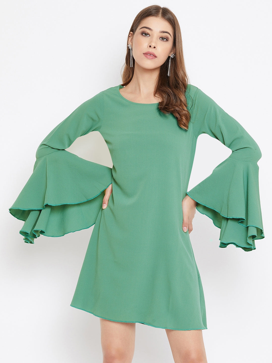 Ball Gown Green Dress With Bell Sleeves Women Solid Grey Round Neck Bell Sleeves Crepe Straight Ball Gown Green Dress With Bell Sleeves Women Solid Grey Round Neck Bell Sleeves Crepe Straight