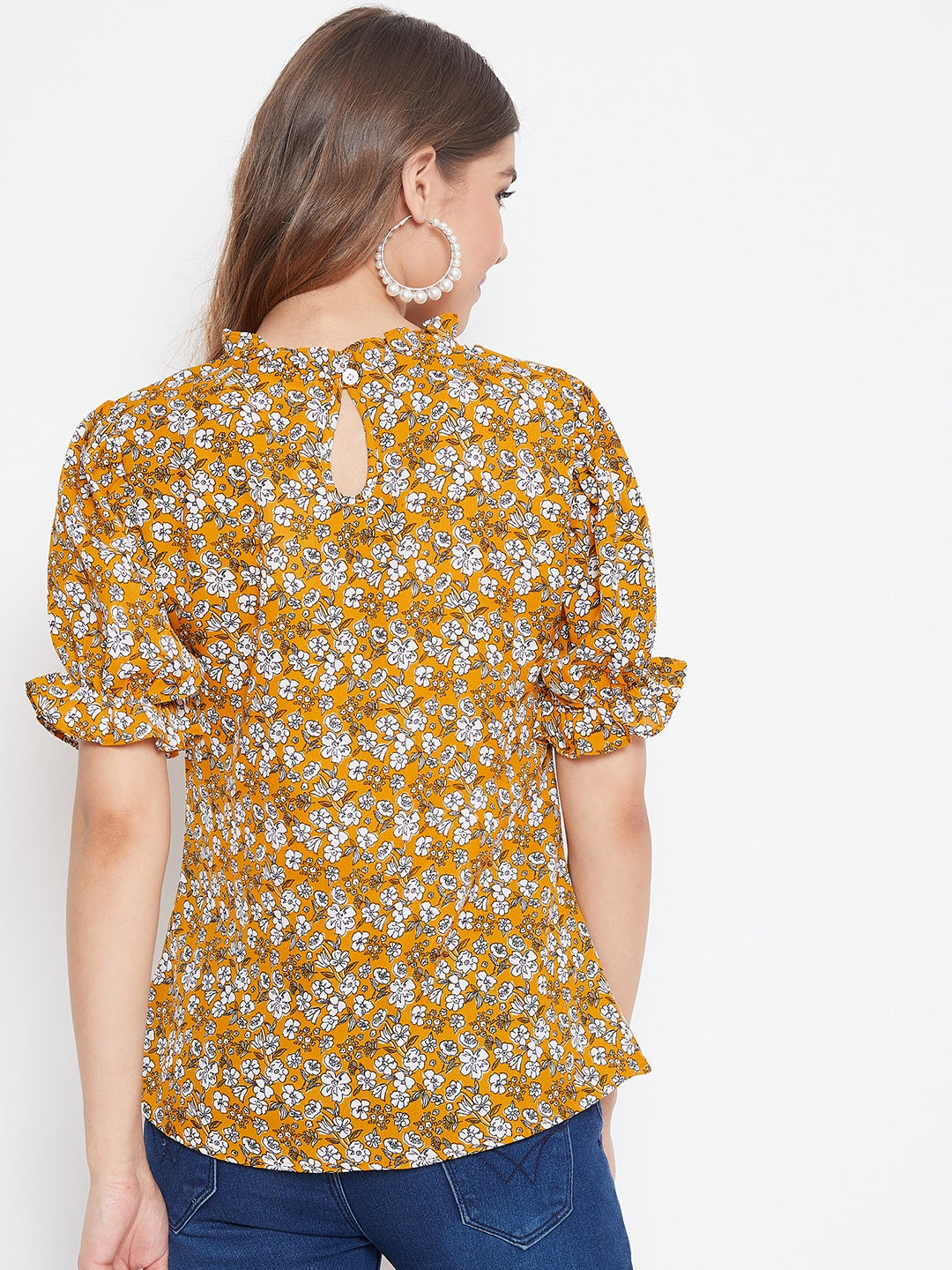 Berrylush Women Mustard Yellow & White Floral Printed Mandarin Collar Pleated Top