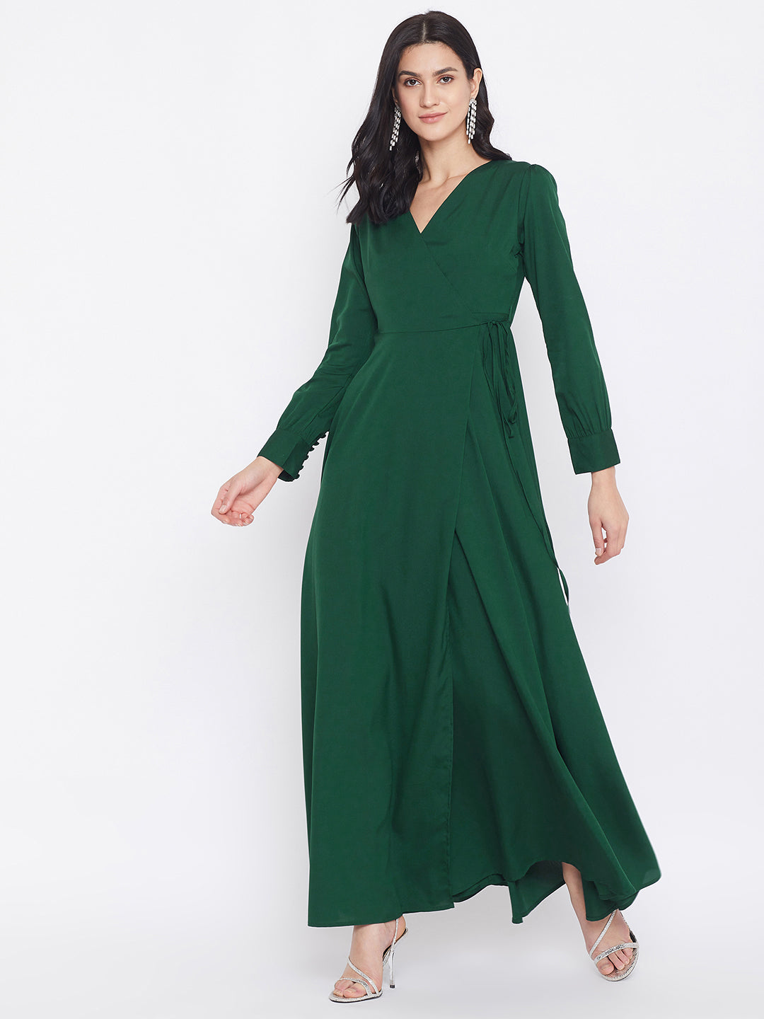 Women Solid Dark Green V-Neck Tie-Up Wrap Maxi Dress - Berrylush