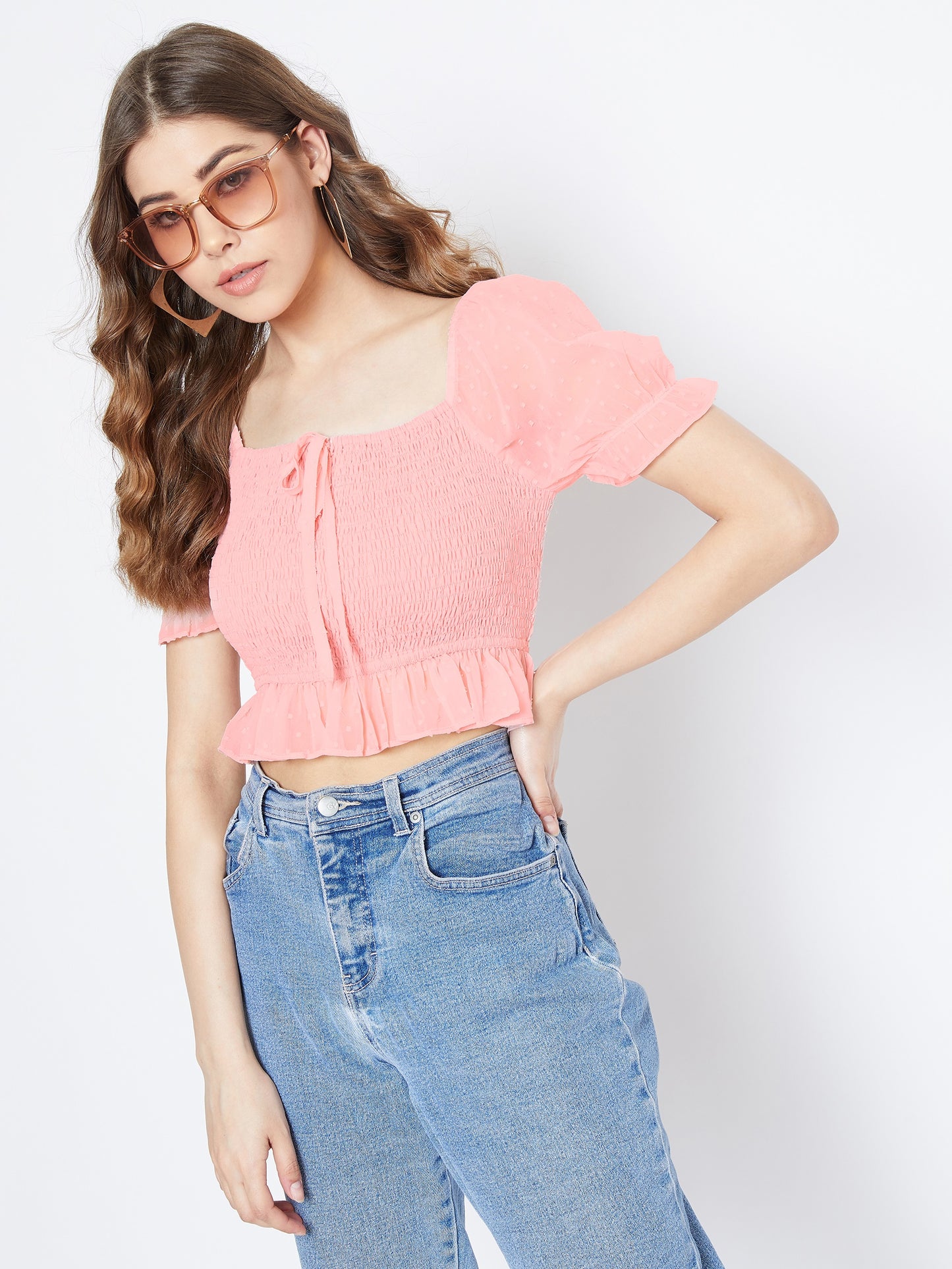 Berrylush Women Solid Pink Self-Design Pattern Square Neck Smocked Crop Top