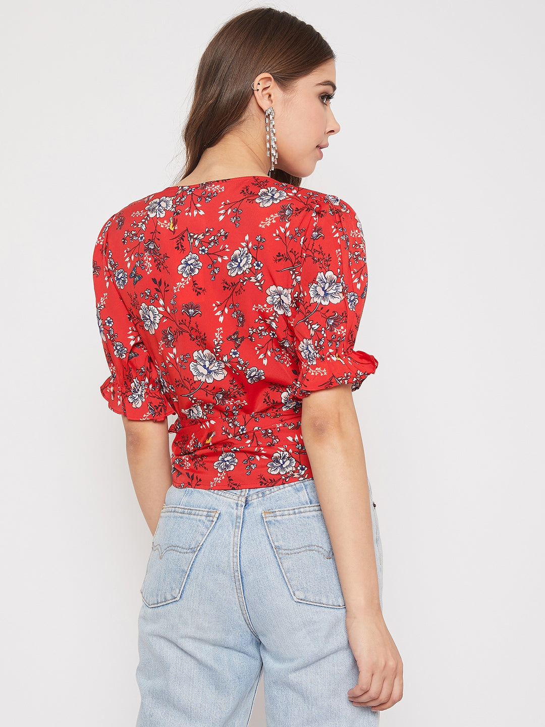 Berrylush Women Red & White Floral Printed V-Neck Tie-Up Knot Wrap Top