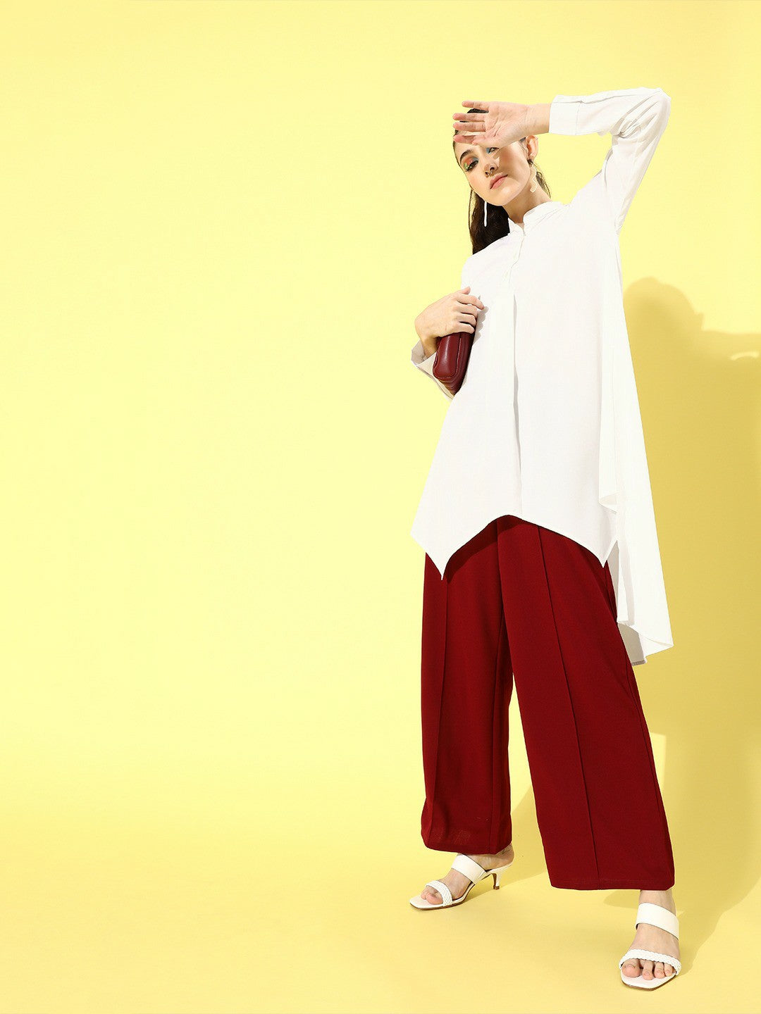 Berrylush Women Solid White Mandarin Collar High-Low Longline Top