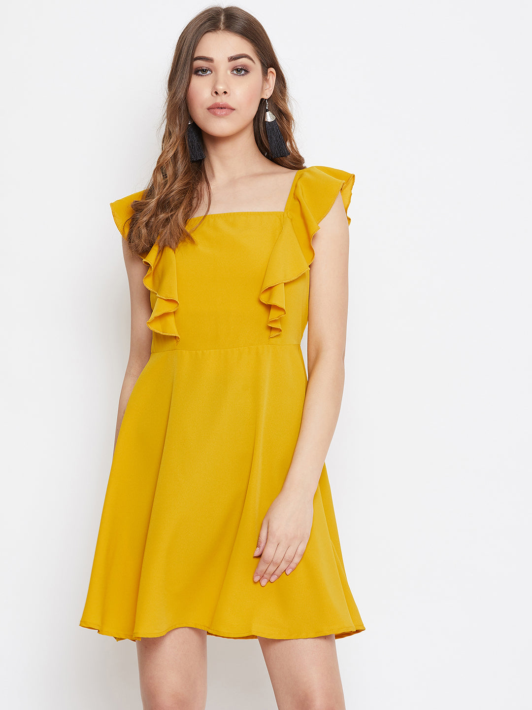 Berrylush Women Solid Mustard Yellow Sleeveless Ruffled Fit & Flare Mini Dress