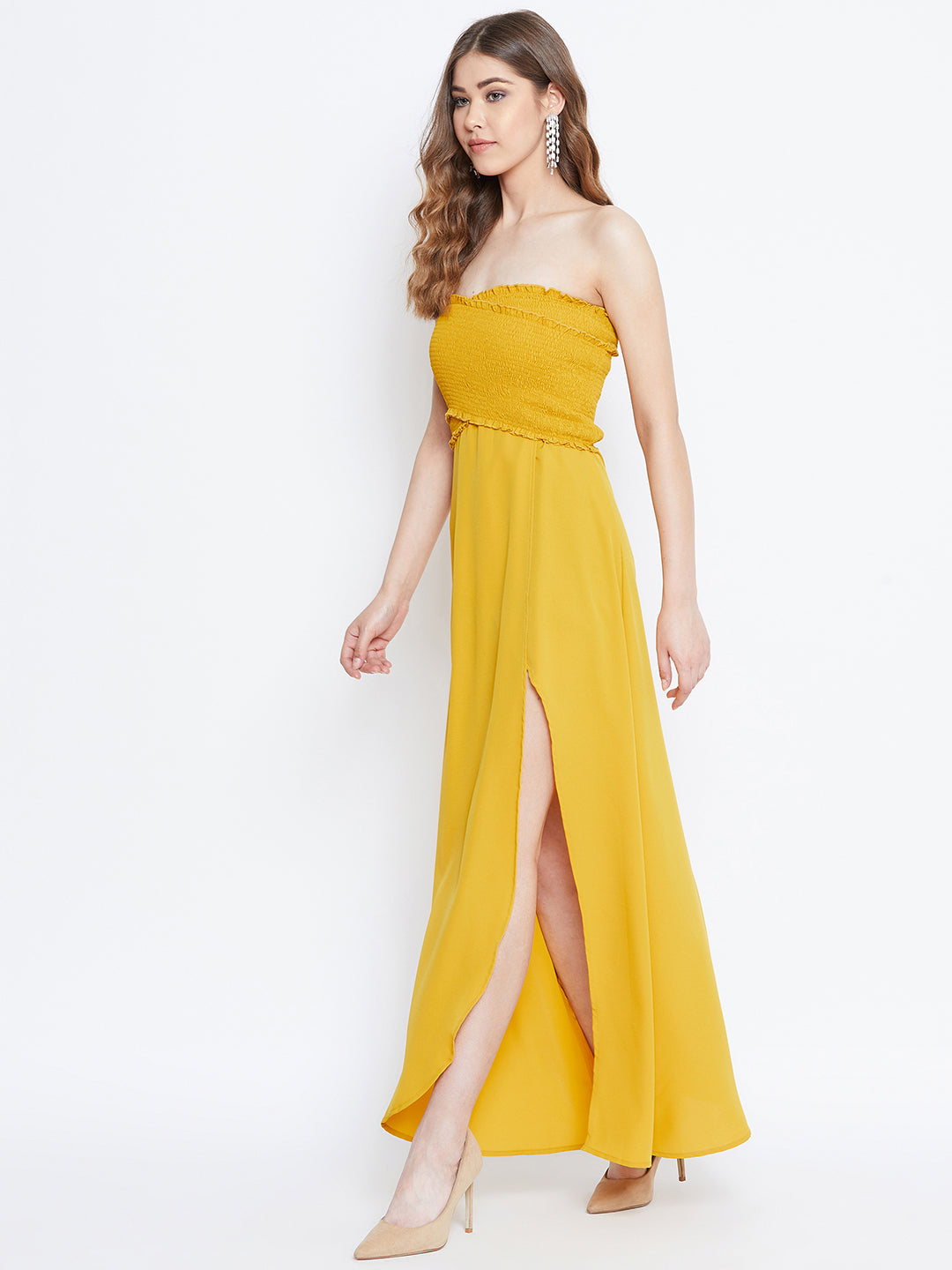 Berrylush Women Solid Mustard Yellow Strapless-Neck Smocked Fit & Flare Maxi Dress