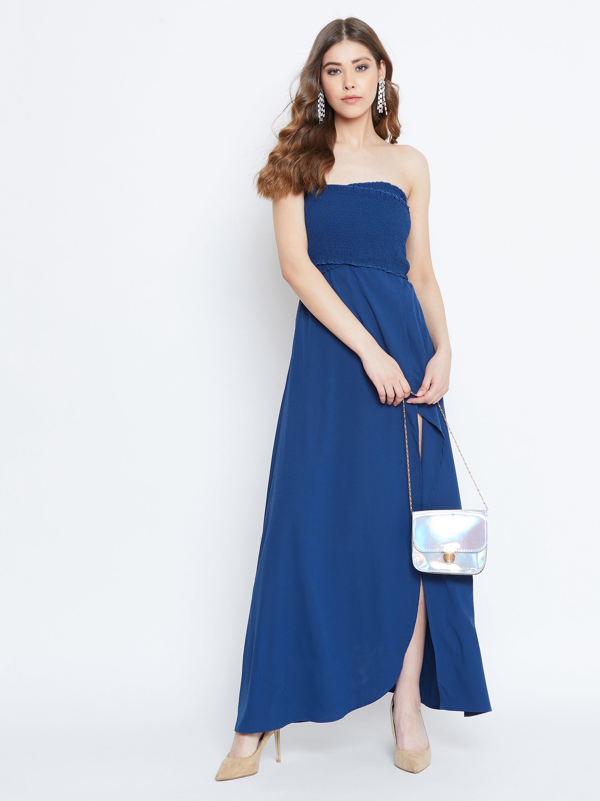 Berrylush Women Solid Blue Off-Shoulder Smocked Thigh-High Slit Maxi Dress