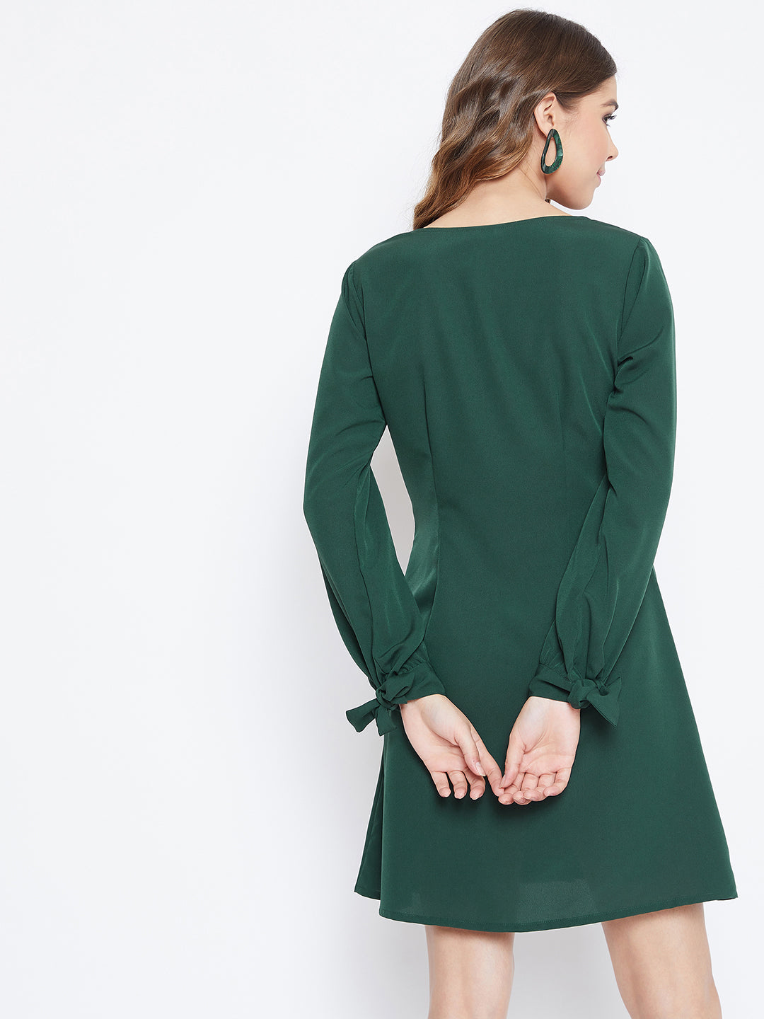 Berrylush Women Solid Green Tie-Knot Sleeves Buttoned Mini Dress