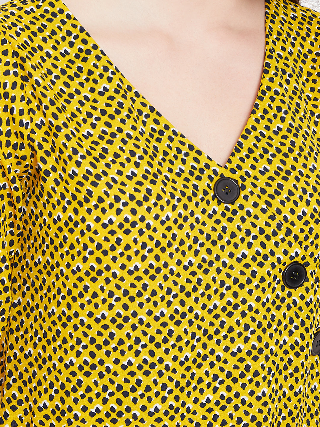 Berrylush Women Yellow & Black Animal Printed V-Neck Button Crepe Wrap Top