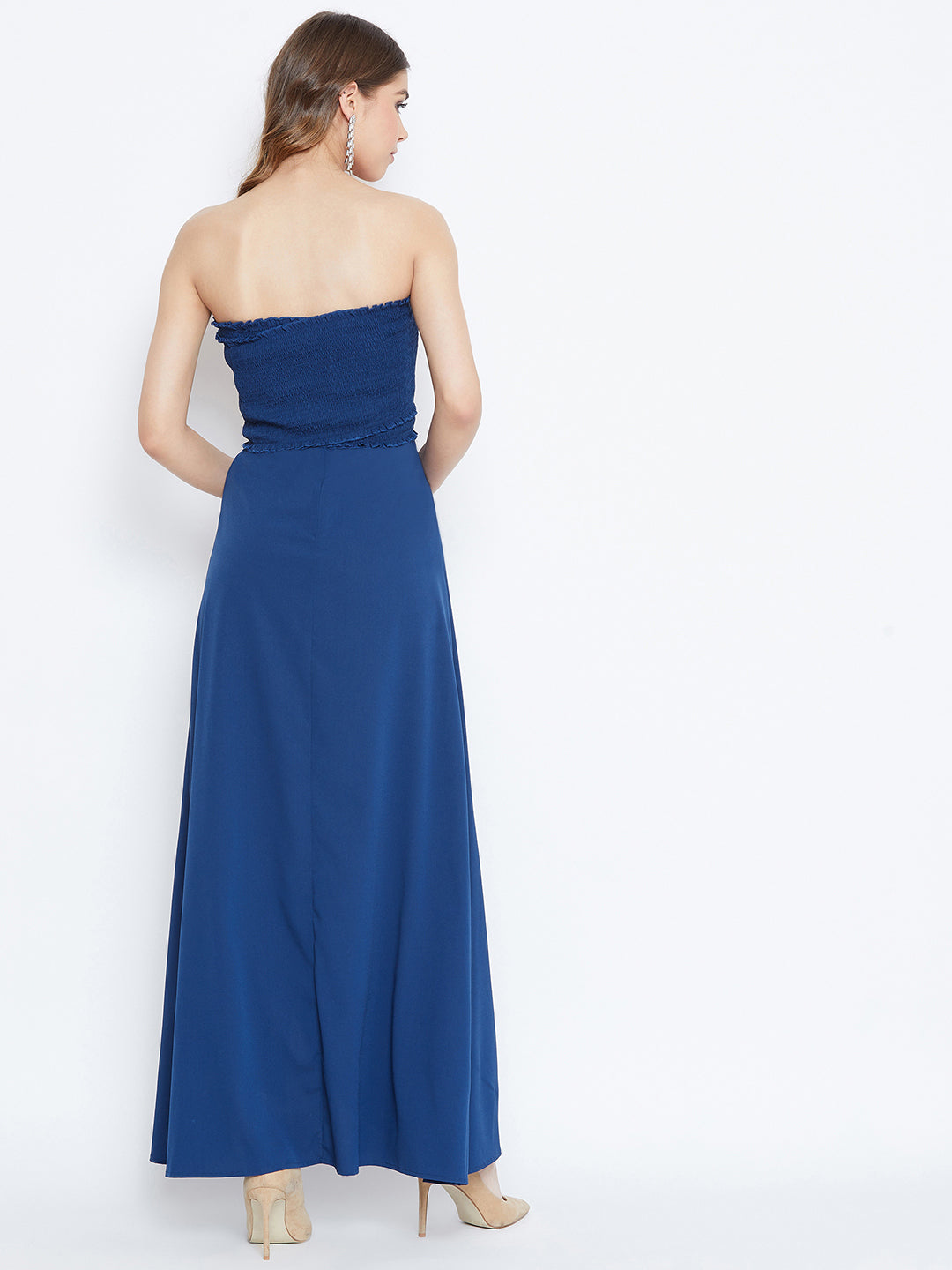 Berrylush Women Solid Blue Off-Shoulder Smocked Thigh-High Slit Maxi Dress
