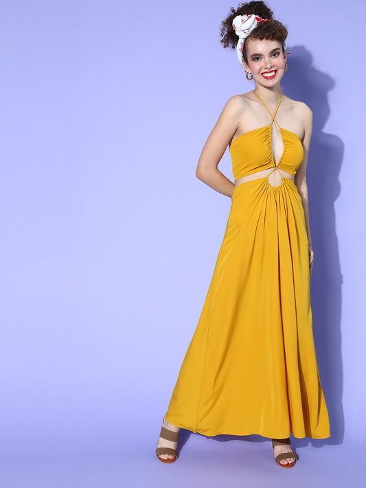 Berrylush Women Solid Mustard Yellow Halter Neck Front Cutout Crepe Flared Maxi Dress