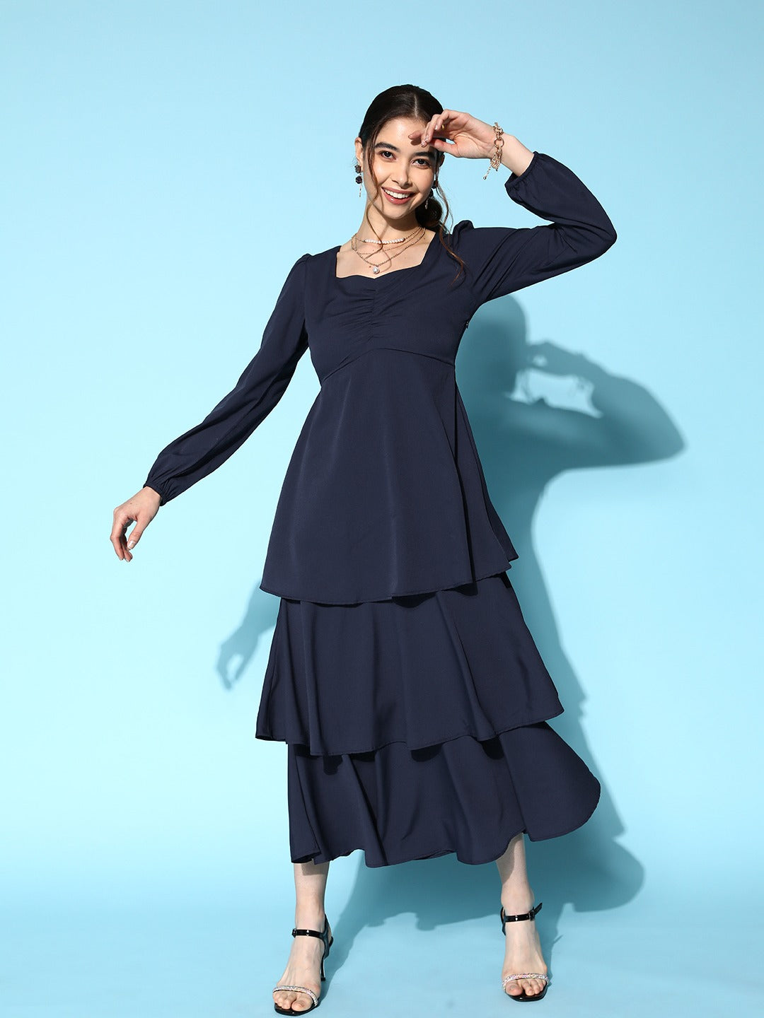 Berrylush Women Solid Navy Blue Sweetheart Neck Puff Sleeve Flounce Tiered A-Line Maxi Dress