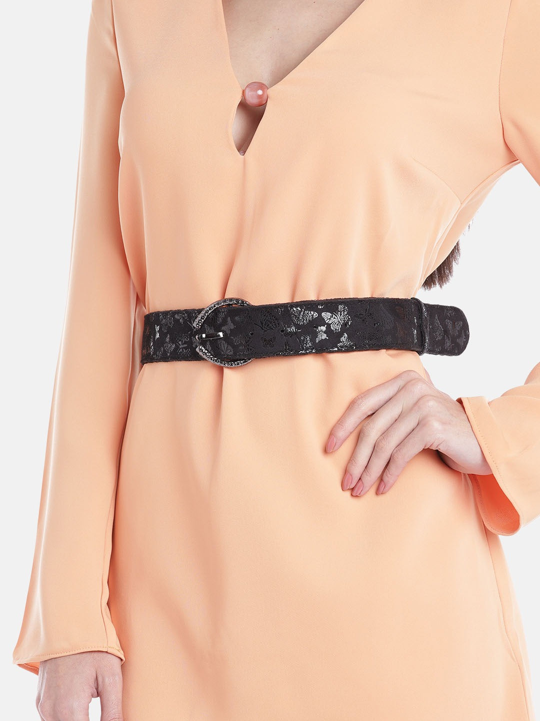 Berrylush Women Black Butterfly Printed Synthetic Leather Tang-Up Slim Regular Belt