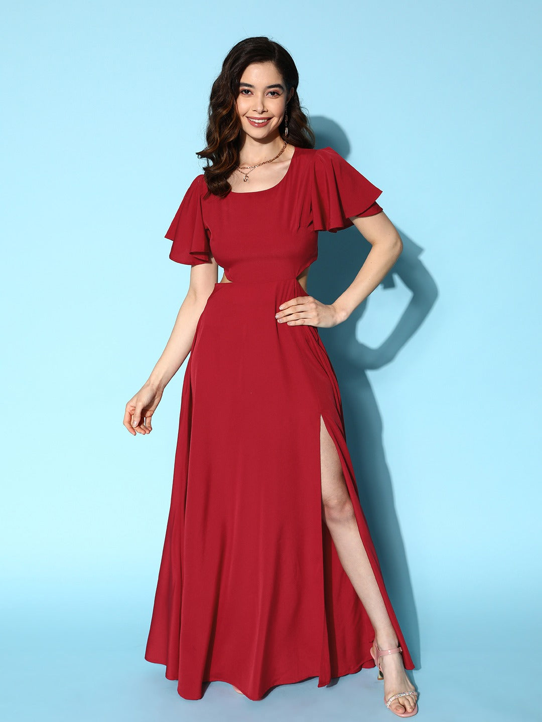 Berrylush Women Maroon Solid Round Neck Cutout Crepe Thigh-High Slit Fit & Flare Maxi Dress