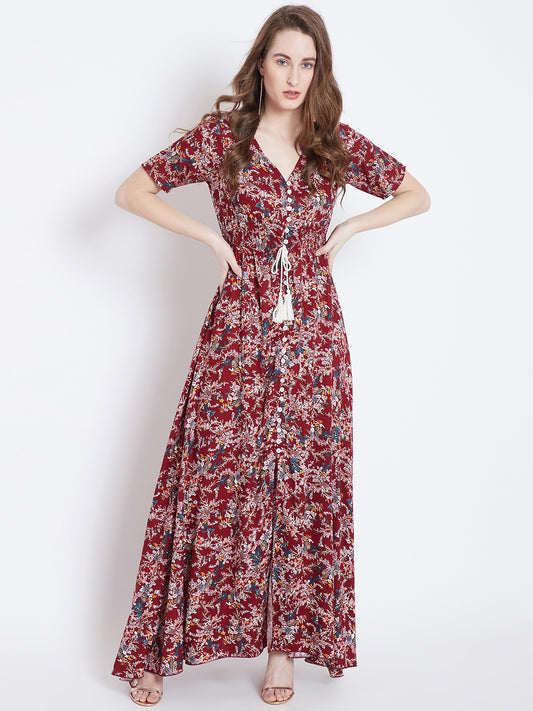Berrylush Maroon & White Printed Maxi Dress - Berrylush
