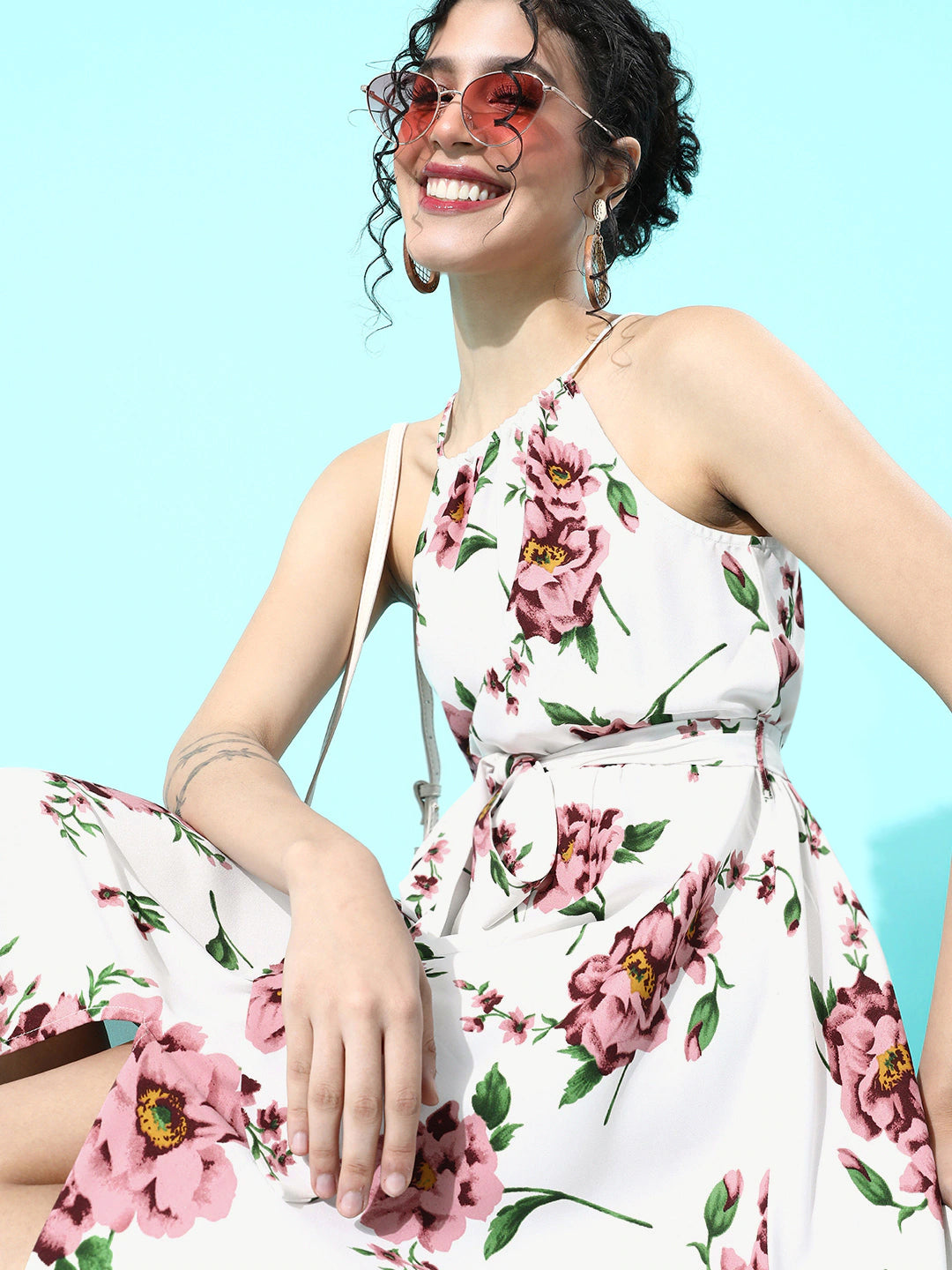 Berrylush Women White Floral Halter Neck Belted Split Thigh Maxi Dress