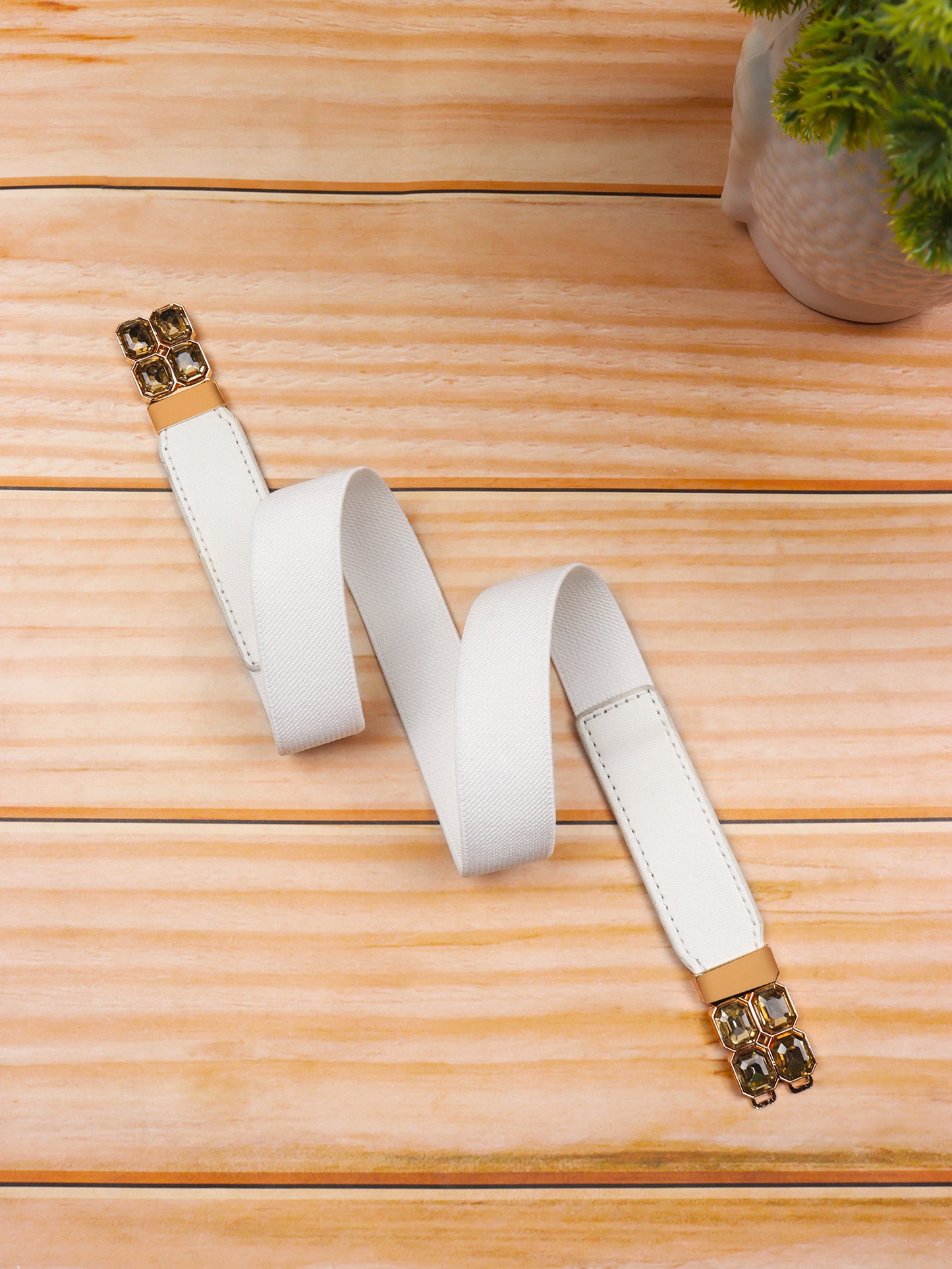 Women Solid White Diamond Embellished PU Nylon Interlock Regular