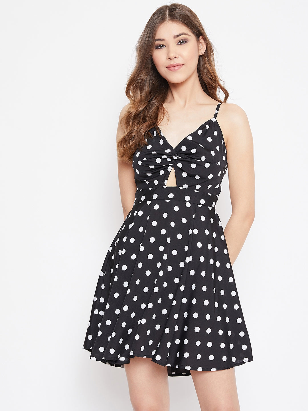 Berrylush Women Black Polka Dot Printed Front Twisted Fit & Flare Mini Dress