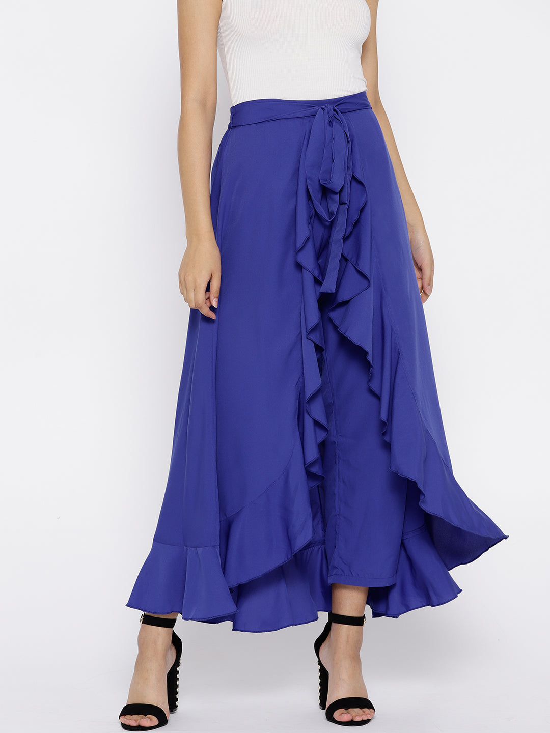 Blue Solid Ruffled Flared Maxi Skirt with Attached Trousers - Berrylush