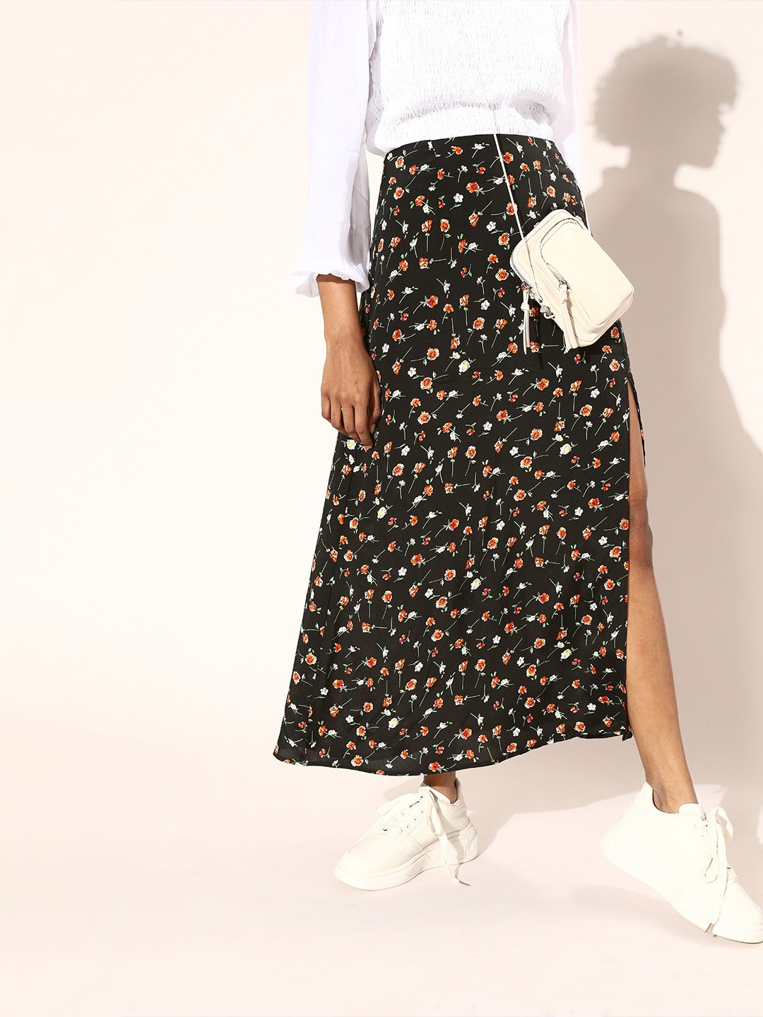 Berrylush Women Black Ditsy Floral Printed Thigh-High Slit Straight Midi Pencil Skirt