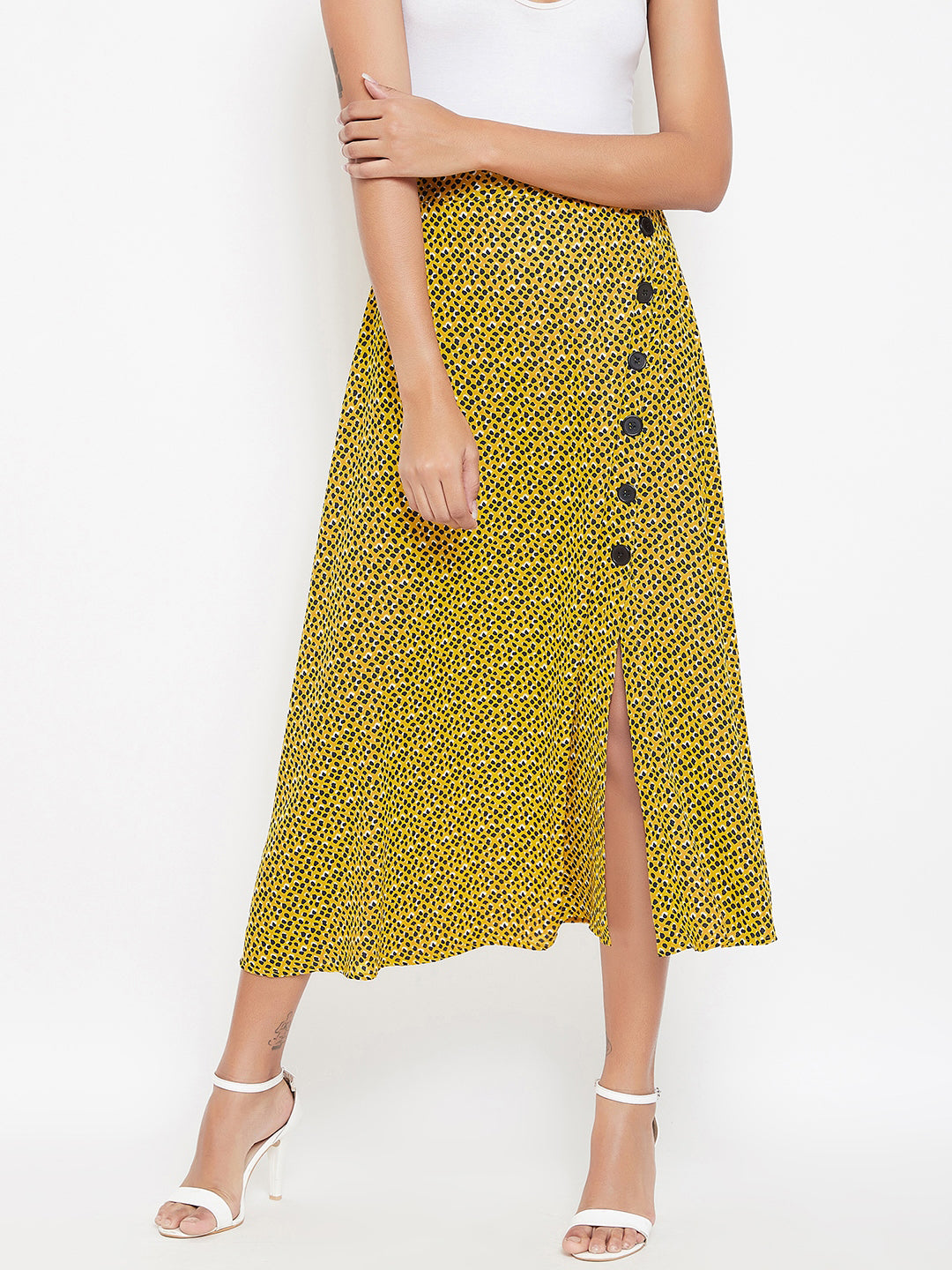 Berrylush Women Yellow & Black Animal Printed Front Slit A-Line Midi Skirt