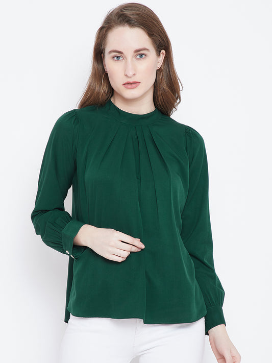 Green Solid Pleated Top - Berrylush