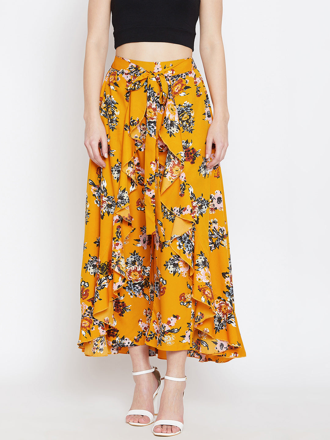 Mustard Yellow Printed Flared Maxi Skirt - Berrylush
