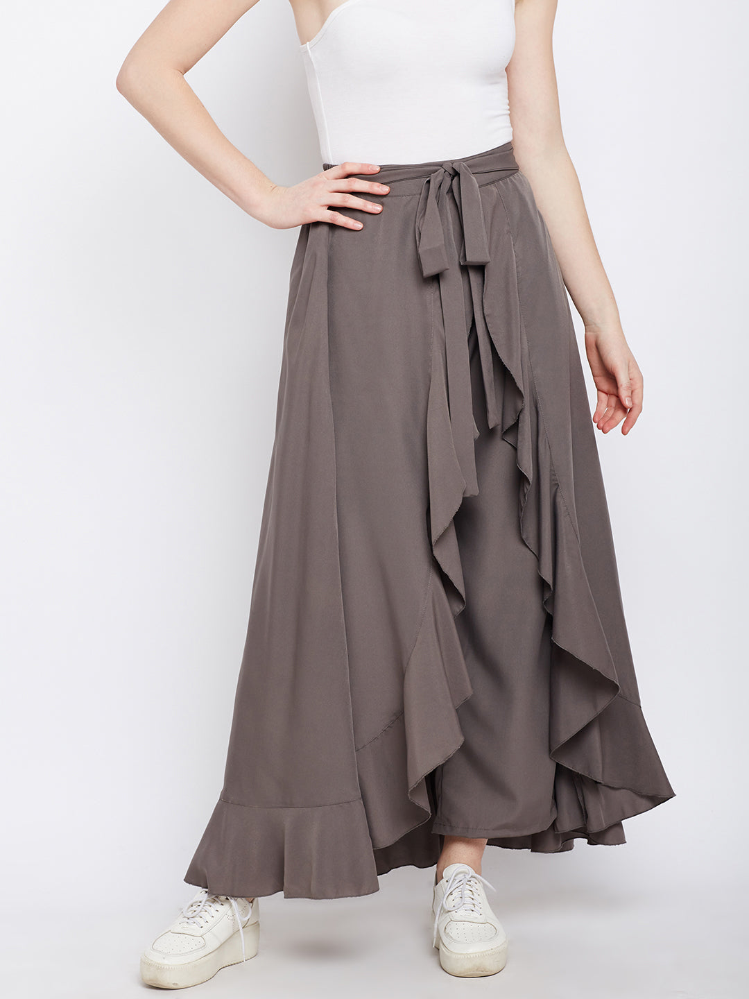 Berrylush Women Solid Grey Waist Tie-Up Ruffled Maxi Skirt with Attached  Trousers