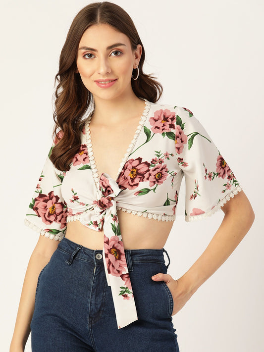 Berrylush Women White & Pink Floral Printed Tie Front Lace Trim Crop Top