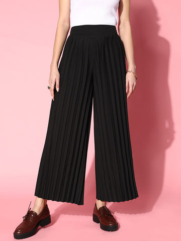 Women Solid Black High-Rise Waist Slip-On Woven Pleated Regular Trousers -  Berrylush