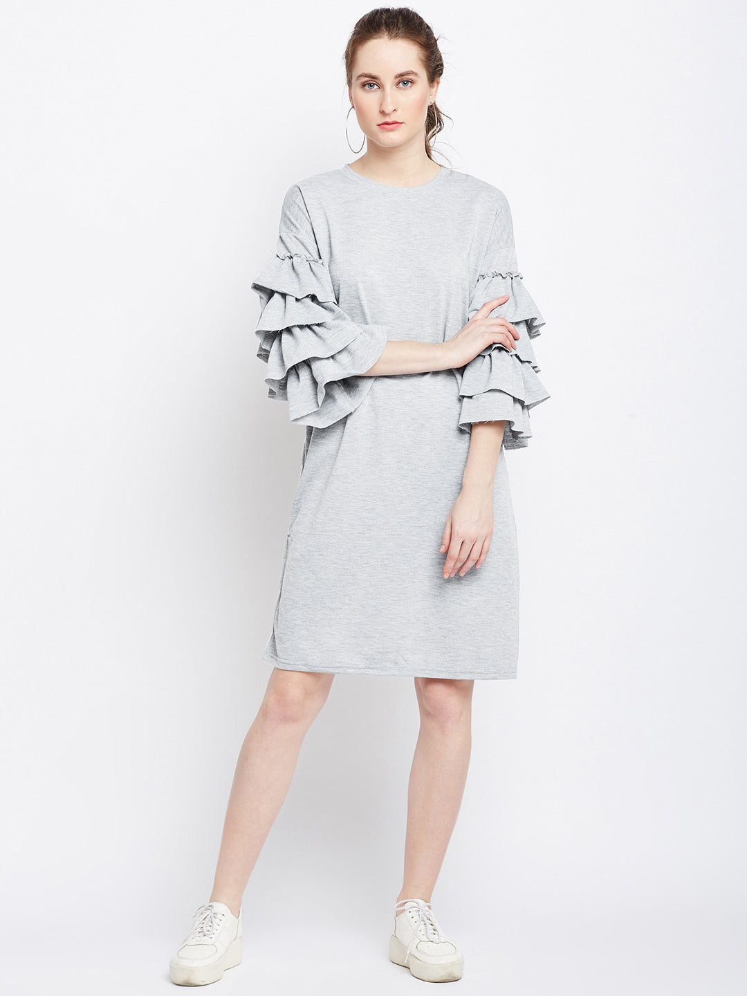 Berrylush Women Solid Grey Round Neck Three-Quarter Sleeve Cotton Fit & Flare Mini Dress