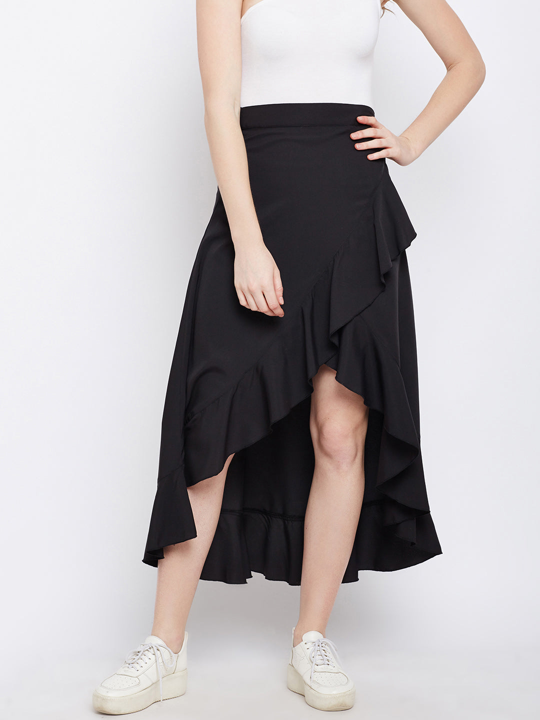 Berrylush Women Solid Black Waist Tie-Up Ruffled High-Low Wrap Maxi Skirt