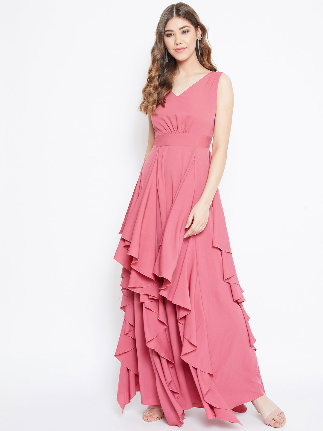 Berrylush Women Solid Pink V-Neck Sleeveless Fit & Flare Maxi Dress