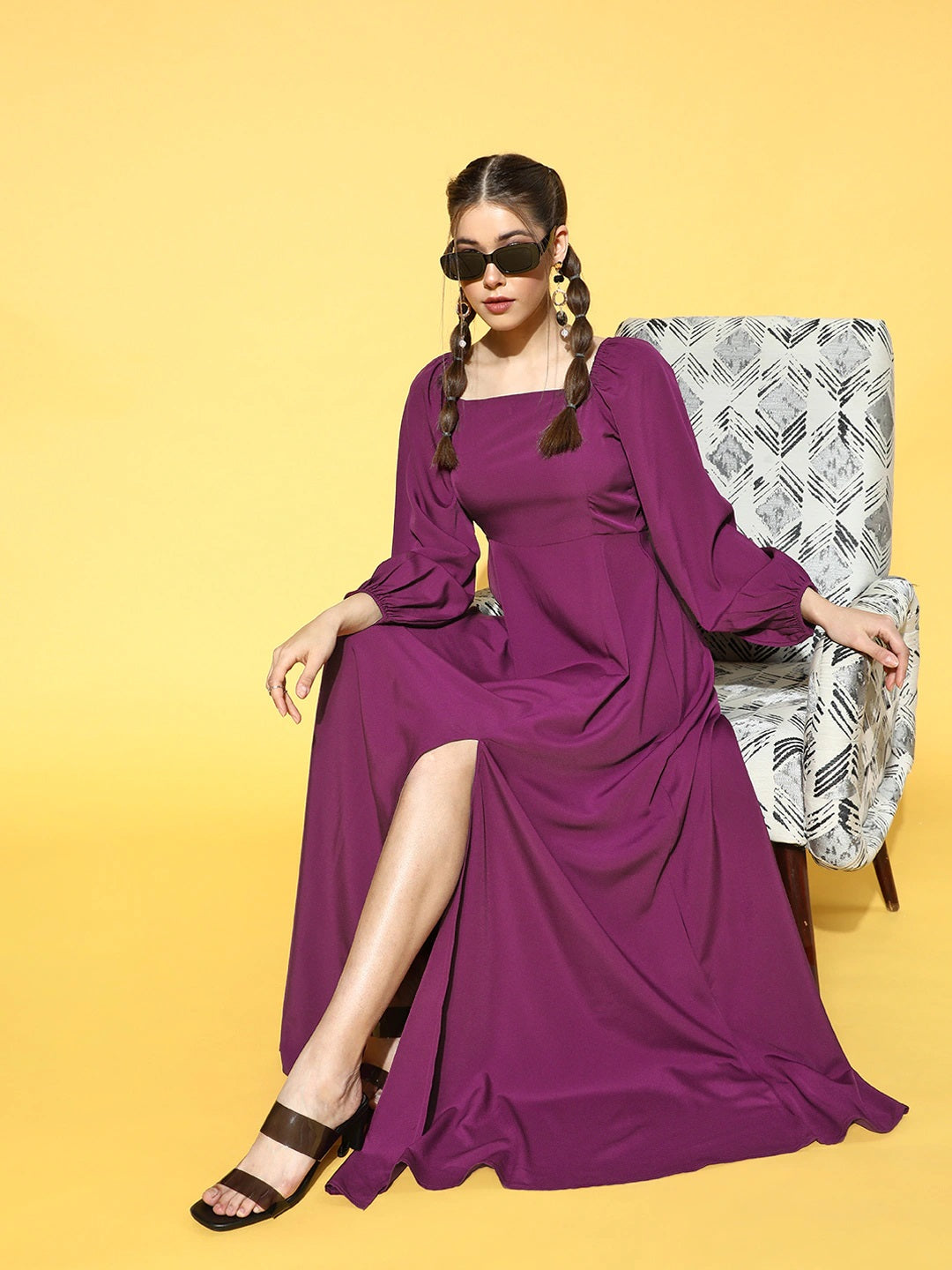 Berrylush Women Solid Purple Square Neck Puff Sleeves Crepe Flared Maxi Dress