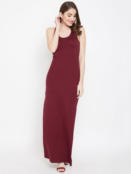 Berrylush Women Solid Maroon Round Neck Racerback Thigh-High Slit Bodycon Maxi Dress