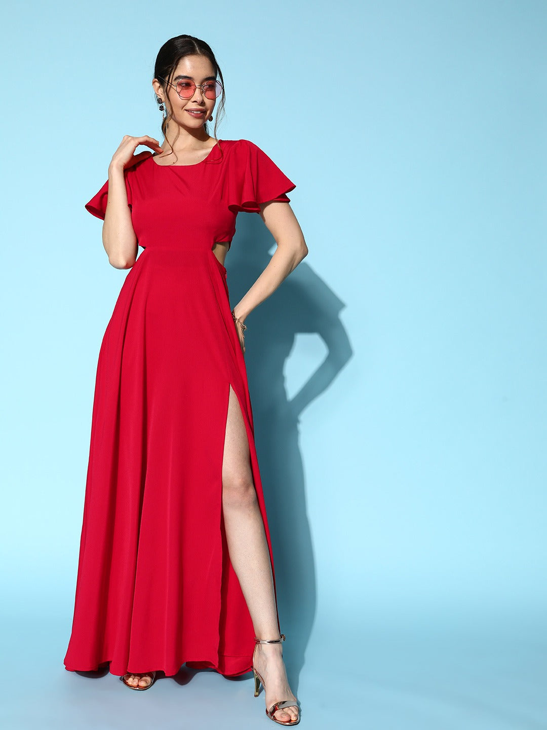 Berrylush Women Solid Red Round Neck Cutout Crepe Thigh-High Slit Fit & Flare Maxi Dress
