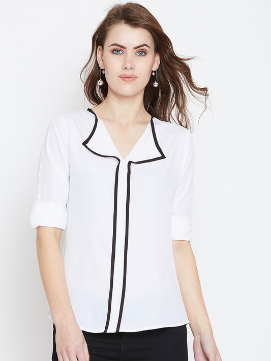 White Solid V-neck Top - Berrylush