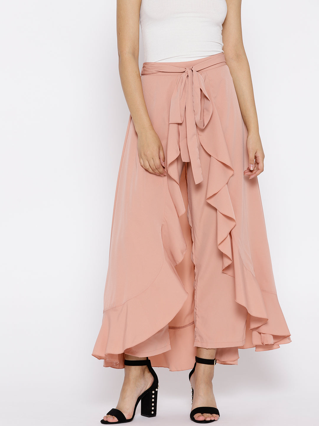 Dusty Pink Solid Ruffled Maxi Skirt with Attached Trousers - Berrylush