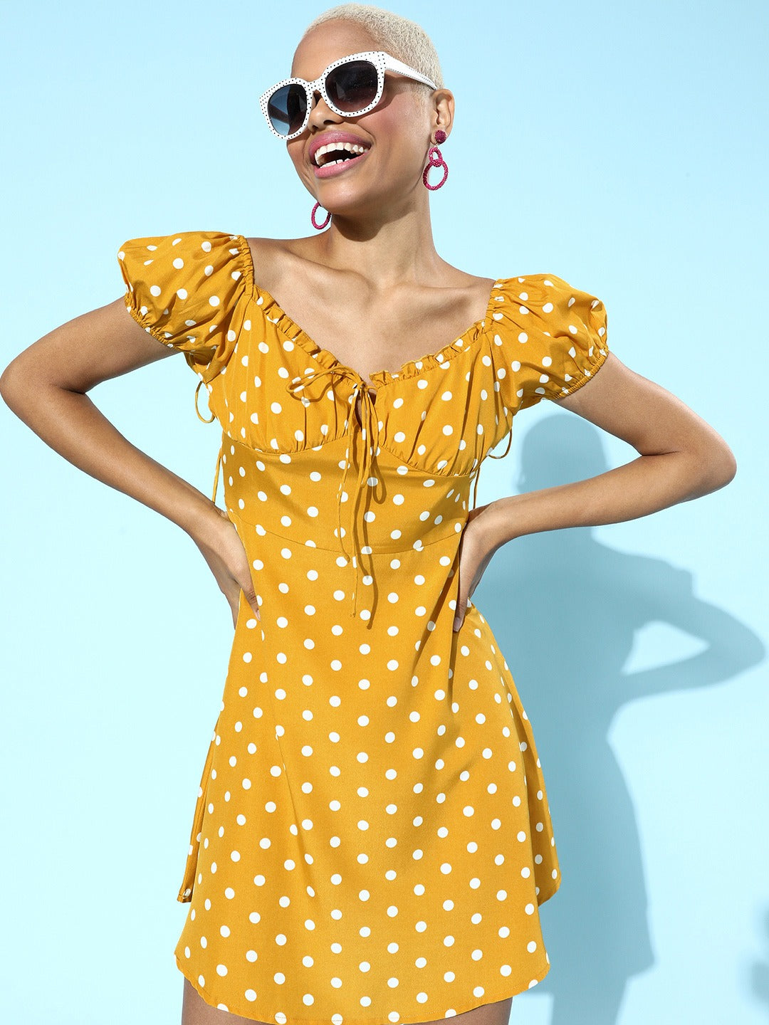 Berrylush Women Yellow & White Polka Dot Printed Sweetheart Neck Ruched A-Line Mini Dress