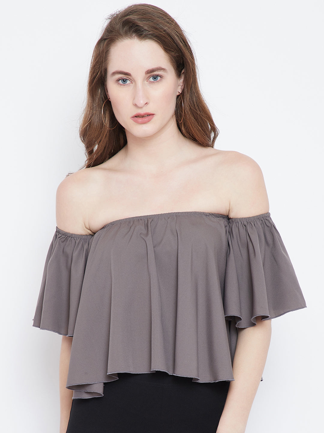 Berrylush Grey Solid Bardot Top - Berrylush