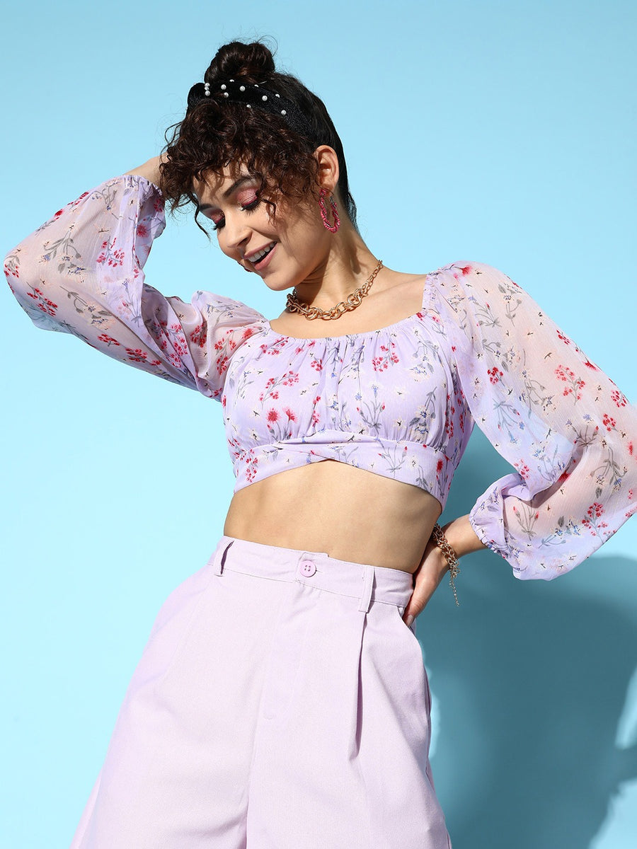 La Vie Tied Bust Crop Top Floral Peach